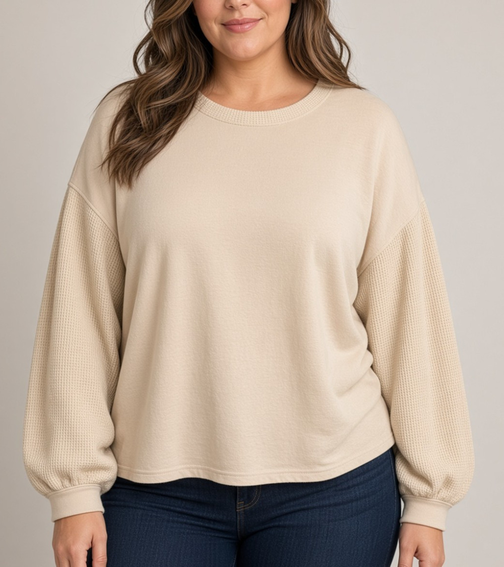 Umgee Plus 1XL Beige Cotton Waffle Knit Sleeve Oversized Pullover Sweatshirt Top